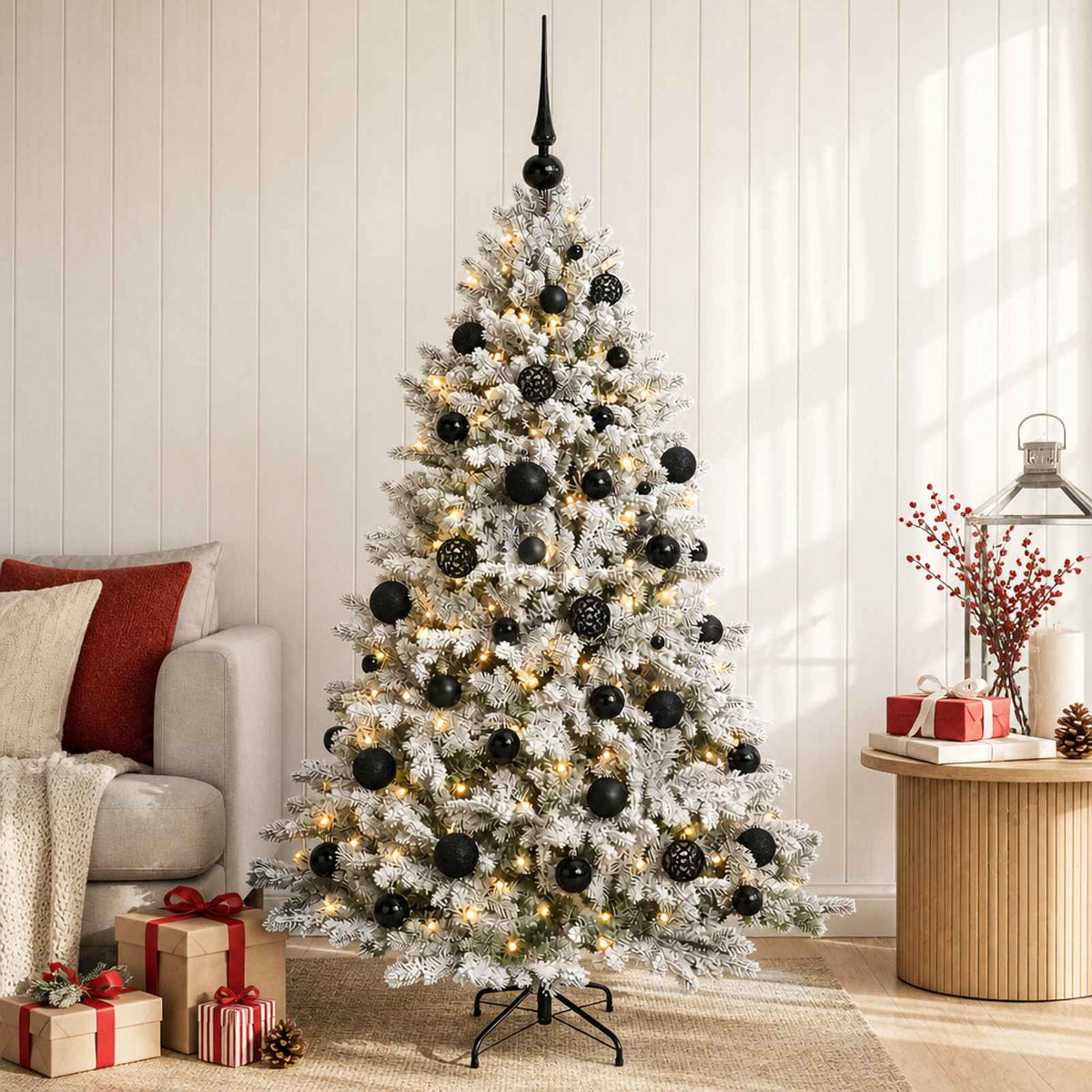 Artificial Christmas Tree with Bauble 150 LEDs Green and White 120 cm with LEDs & black balls