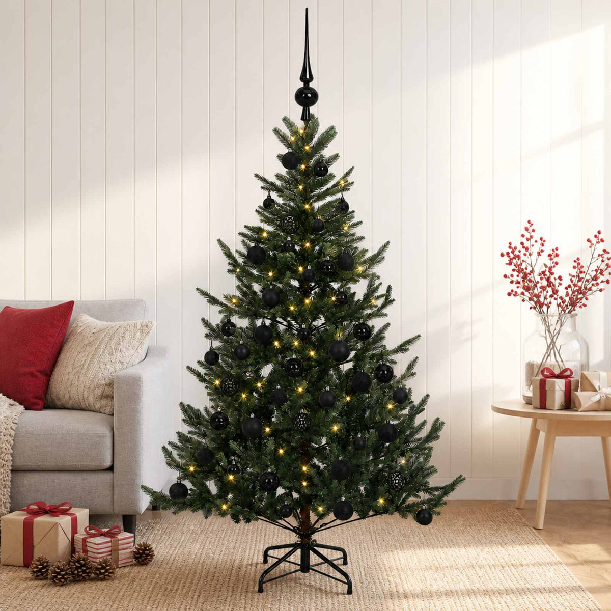 Artificial Christmas Tree with Bauble 150 LEDs Green 150 cm with LEDs & black balls