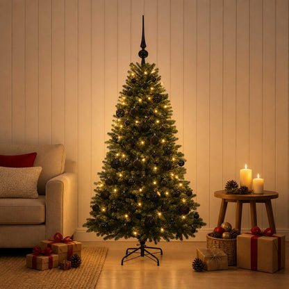 Artificial Christmas Tree with Bauble 150 LEDs 150 cm with LEDs & black balls