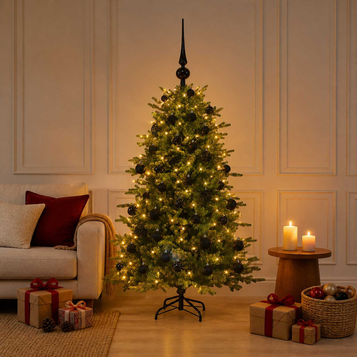 Artificial Christmas Tree with Bauble 150 LEDs 150 cm with LEDs & black balls