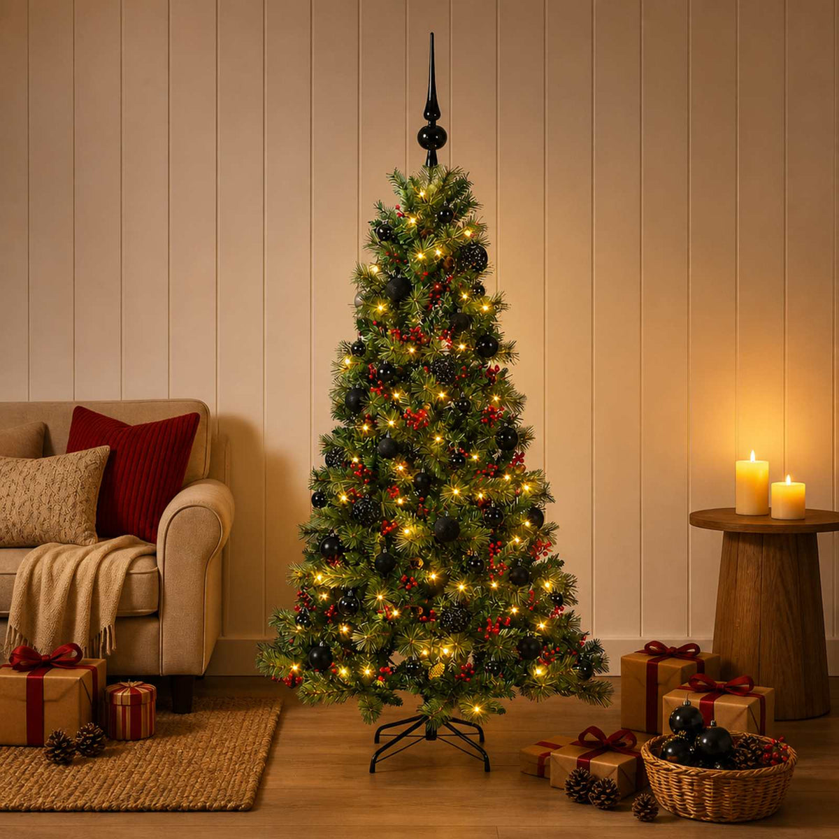 Artificial Christmas Tree with Bauble 150 LEDs 120 cm with LEDs & black balls