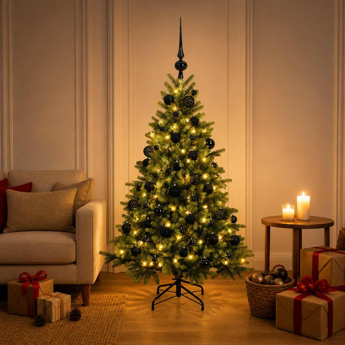 Artificial Christmas Tree with Bauble 150 LEDs 120 cm with LEDs & black balls