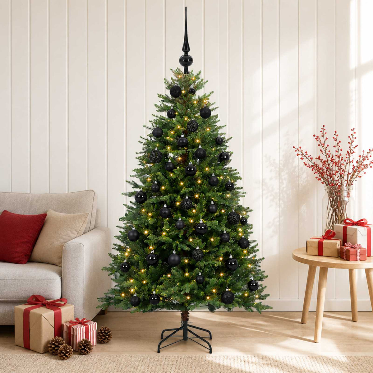 Artificial Christmas Tree with Bauble 150 LEDs Green 120 cm with LEDs & black balls