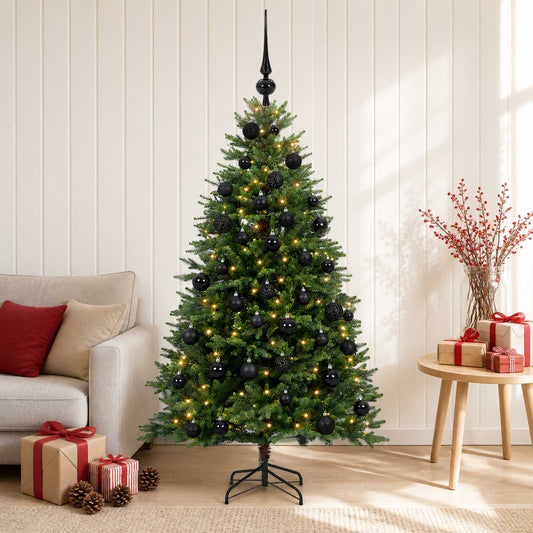 Artificial Christmas Tree with Bauble 150 LEDs Green 120 cm with LEDs & black balls