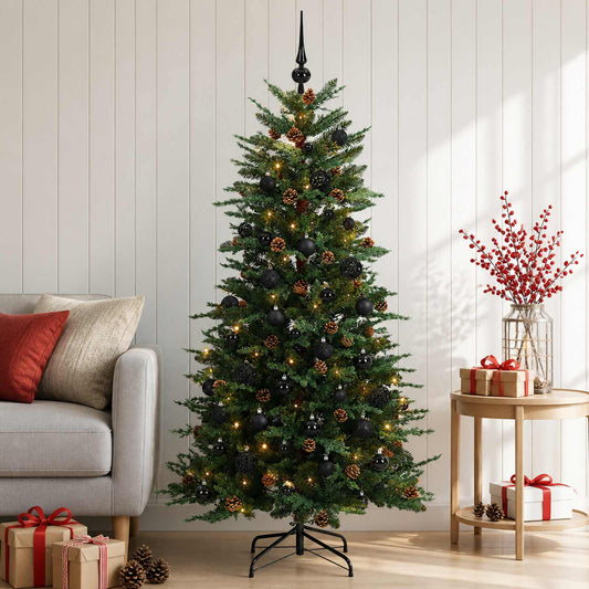 Artificial Hinged Christmas Tree 150 LEDs Warm White Green 120 cm with LEDs & black balls