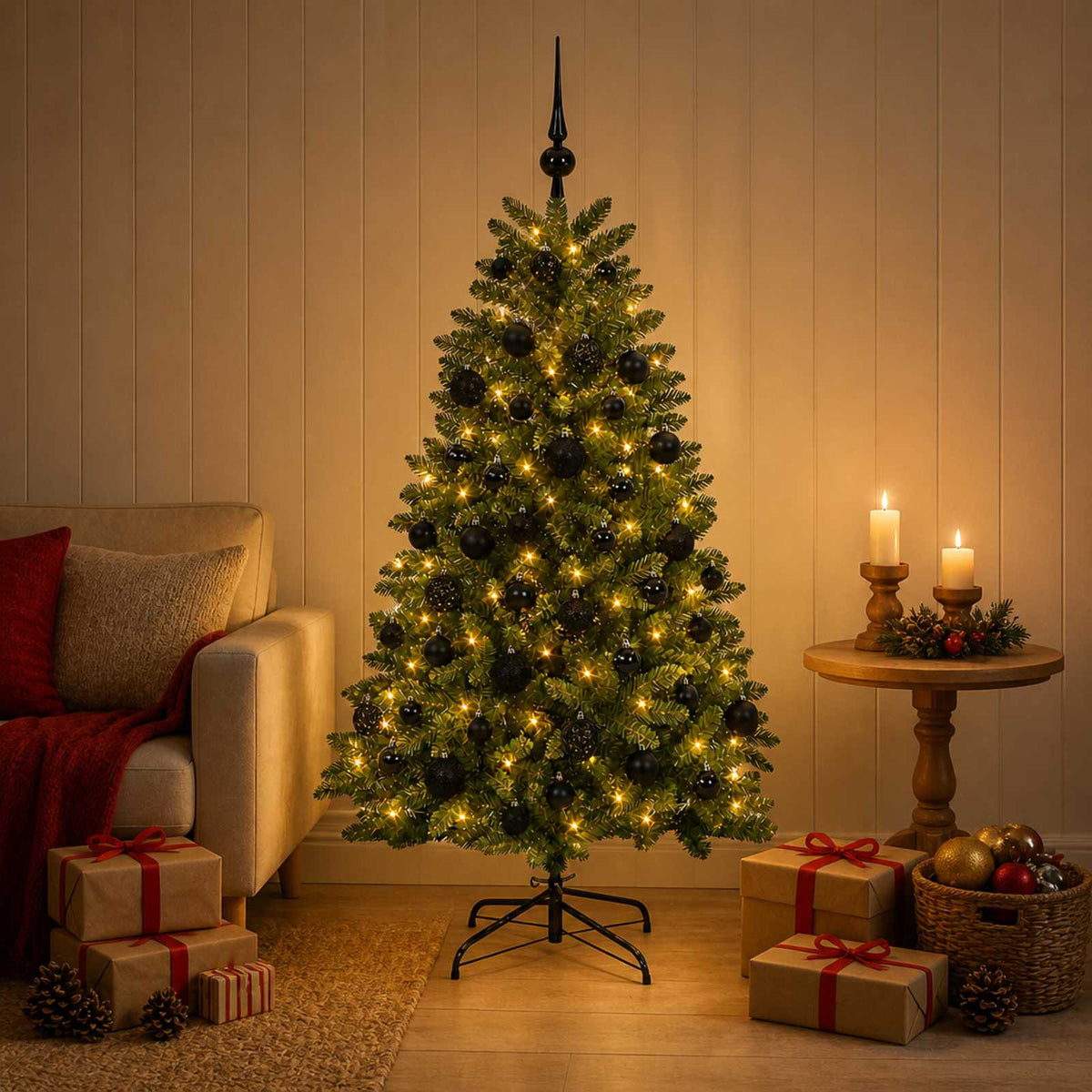 Artificial Christmas Tree Mid-green with Bauble 180 cm 300 LEDs Medium Green Ø 90 x 180 cm with 300 LEDs&black balls