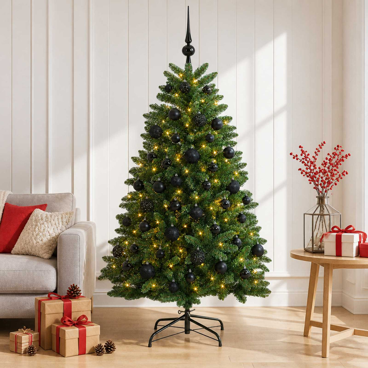 Artificial Christmas Tree Mid-green with Bauble 150 cm 150 LEDs Medium Green Ø 80 x 150 cm with 150 LEDs&black balls