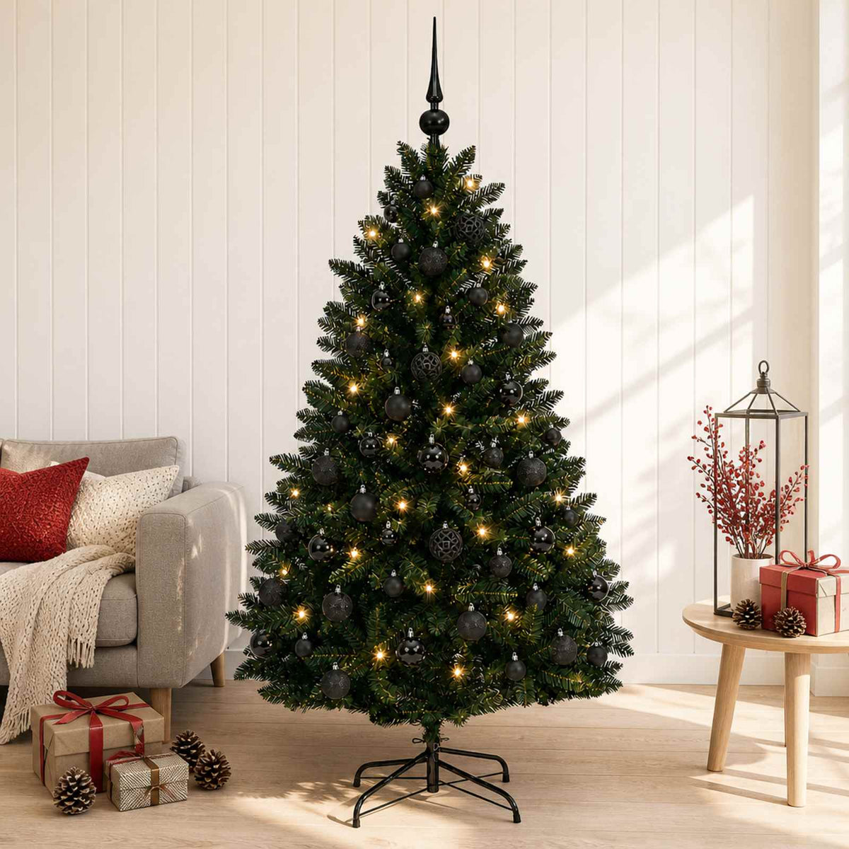 Artificial Christmas Tree with Bauble 150 cm Dark Green Ø 80 x 150 cm with 150 LEDs&black balls