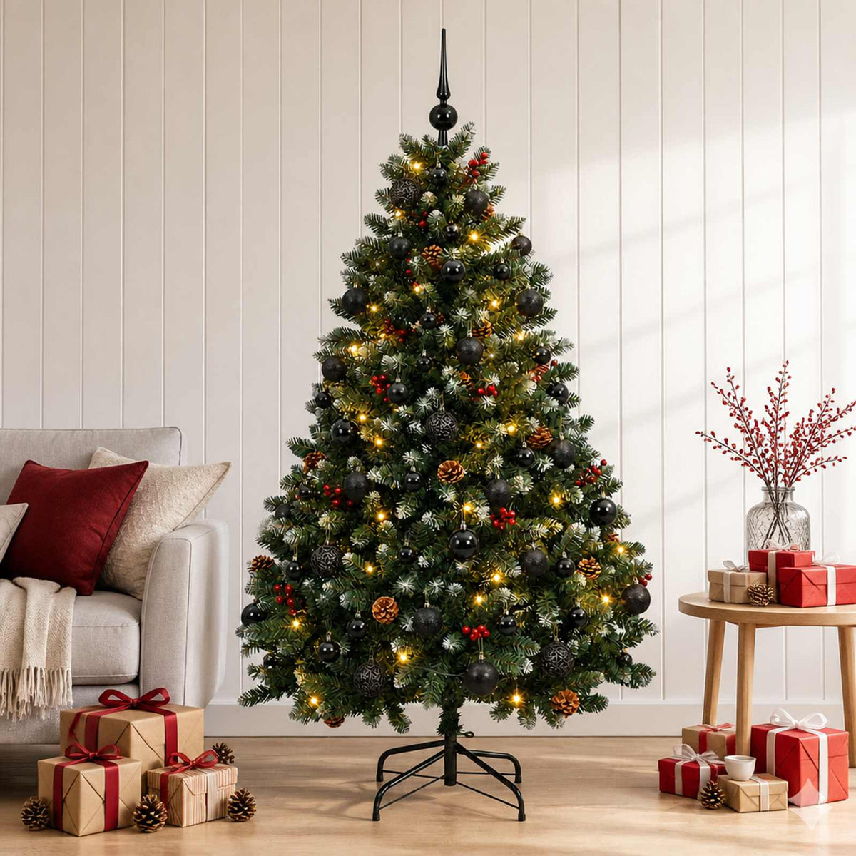 Artificial Christmas Tree Green with Bauble 150 cm 150 LEDs Green with Frosted Tips Ø 80 x 150 cm with 150 LEDs&black balls