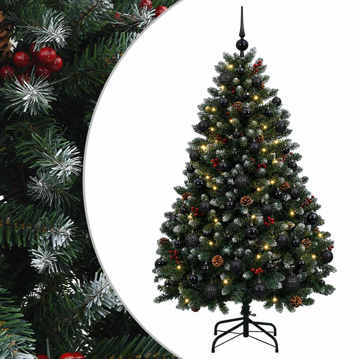 Artificial Christmas Tree Green with Bauble 150 cm 150 LEDs Green with Frosted Tips Ø 80 x 150 cm with 150 LEDs&black balls