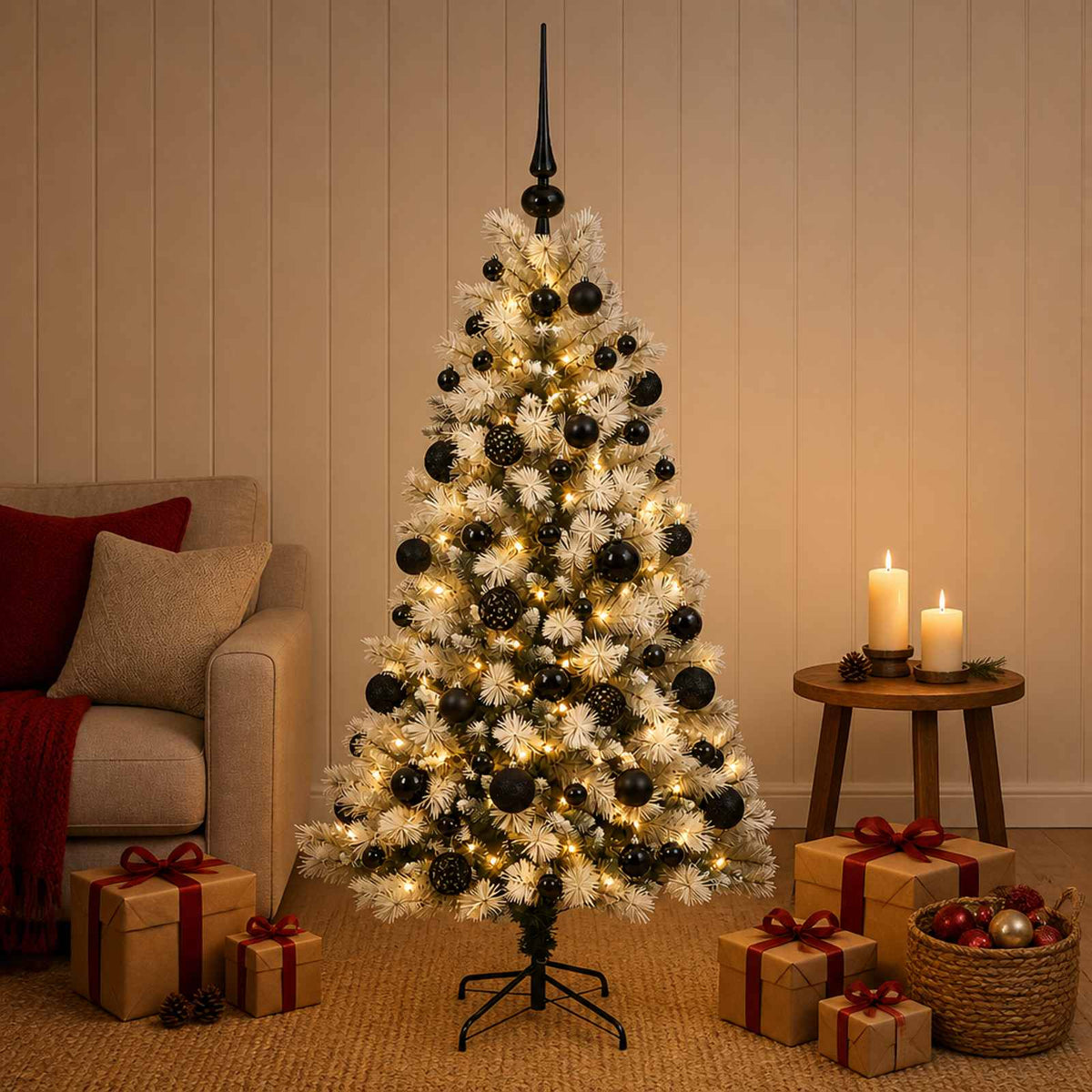 vidaXL Artificial Hinged Christmas Tree with Baubles 150 LEDs