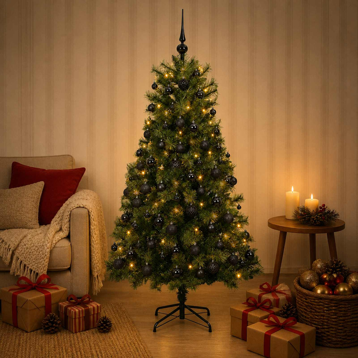 Artificial Hinged Christmas Tree with Baubles 150 LEDs Green 150 cm with LEDs & black balls