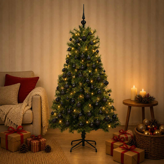 Artificial Hinged Christmas Tree with Baubles 150 LEDs Green 150 cm with LEDs & black balls