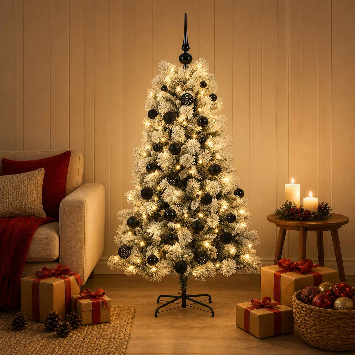 vidaXL Artificial Hinged Christmas Tree with Baubles 150 LEDs Green and white