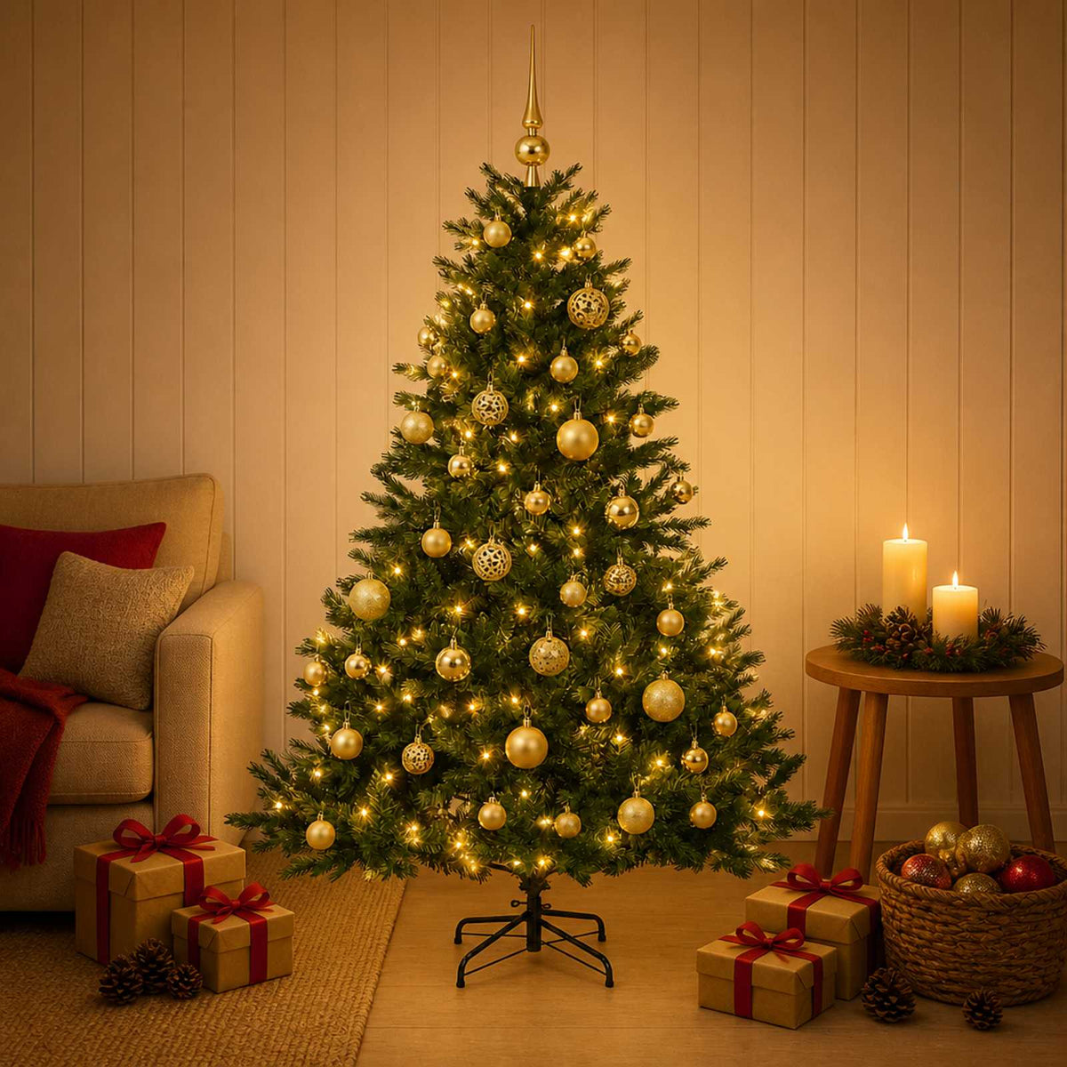 Artificial Christmas Tree with Bauble 150 LEDs Green Height 120 cm with LEDs & gold balls