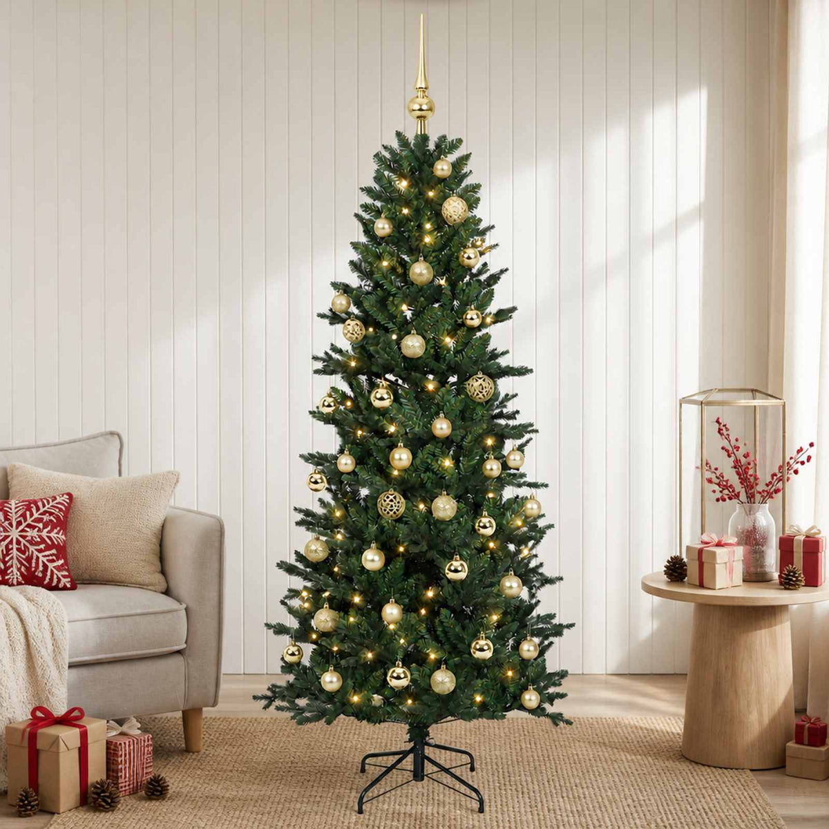 Artificial Christmas Tree with Bauble 150 LEDs Green Height 120 cm with LEDs & gold balls