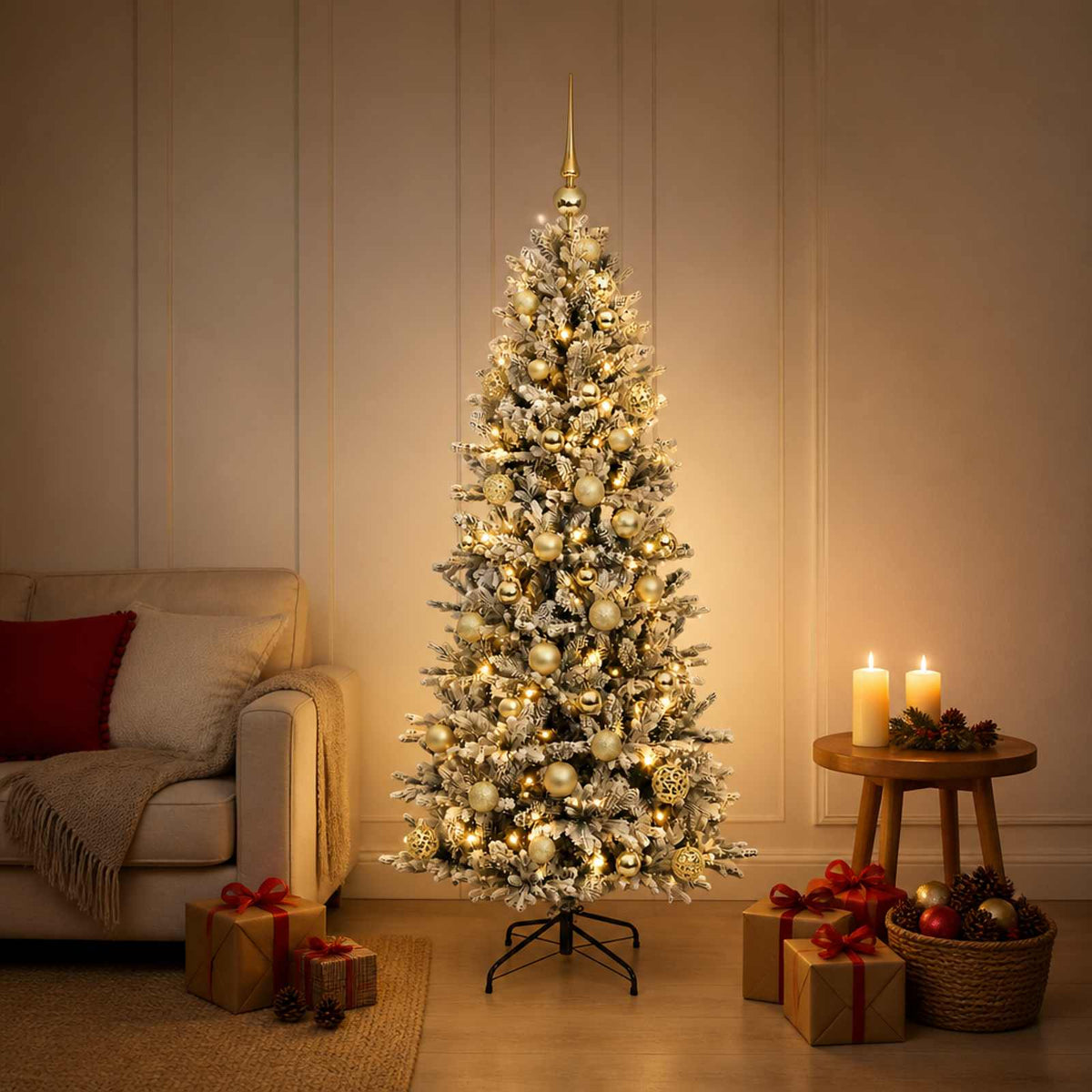 Artificial Christmas Tree with Bauble 150 LEDs Green and White Height 120 cm with LEDs & gold balls
