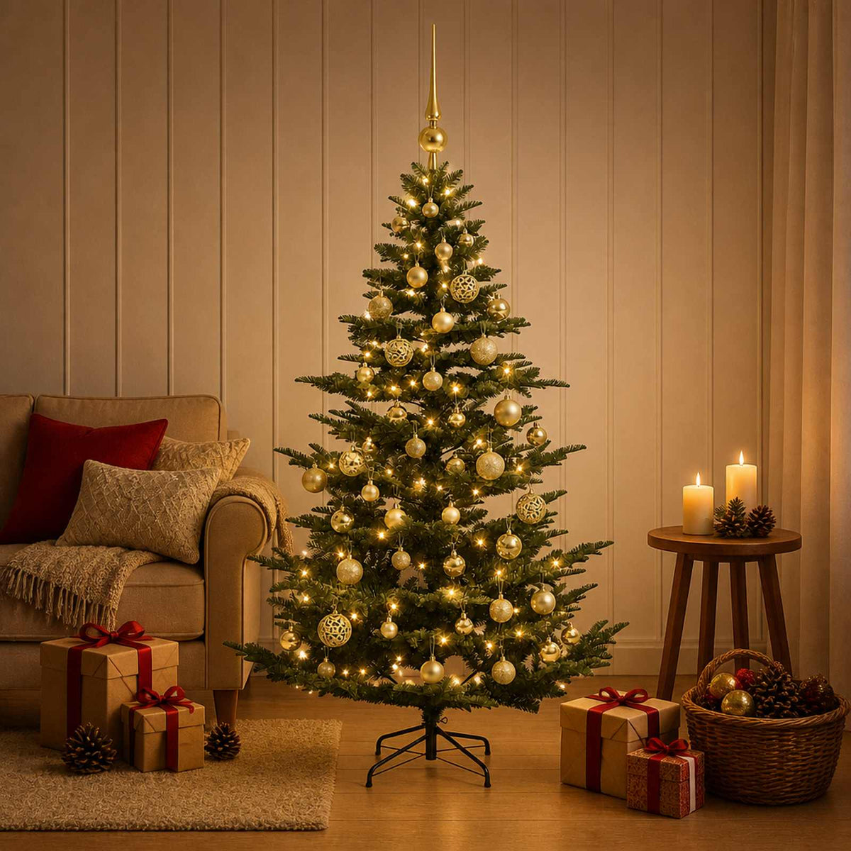 Artificial Christmas Tree with Bauble 150 LEDs Green Height 120 cm with LEDs & gold balls
