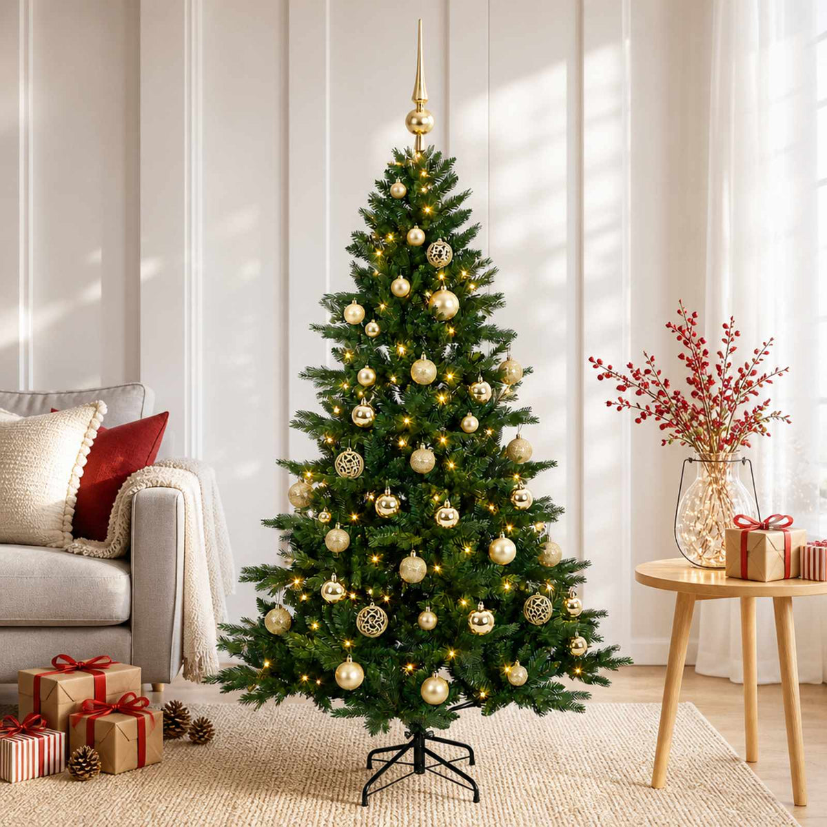 Artificial Christmas Tree with Bauble 150 LEDs Height 120 cm with LEDs & gold balls