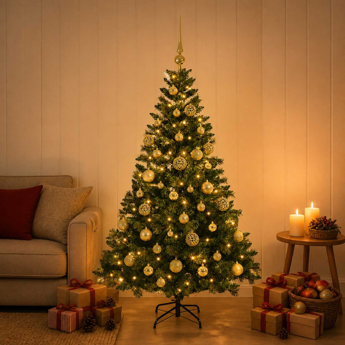 Artificial Christmas Tree with Bauble 150 LEDs Green Height 120 cm with LEDs & gold balls