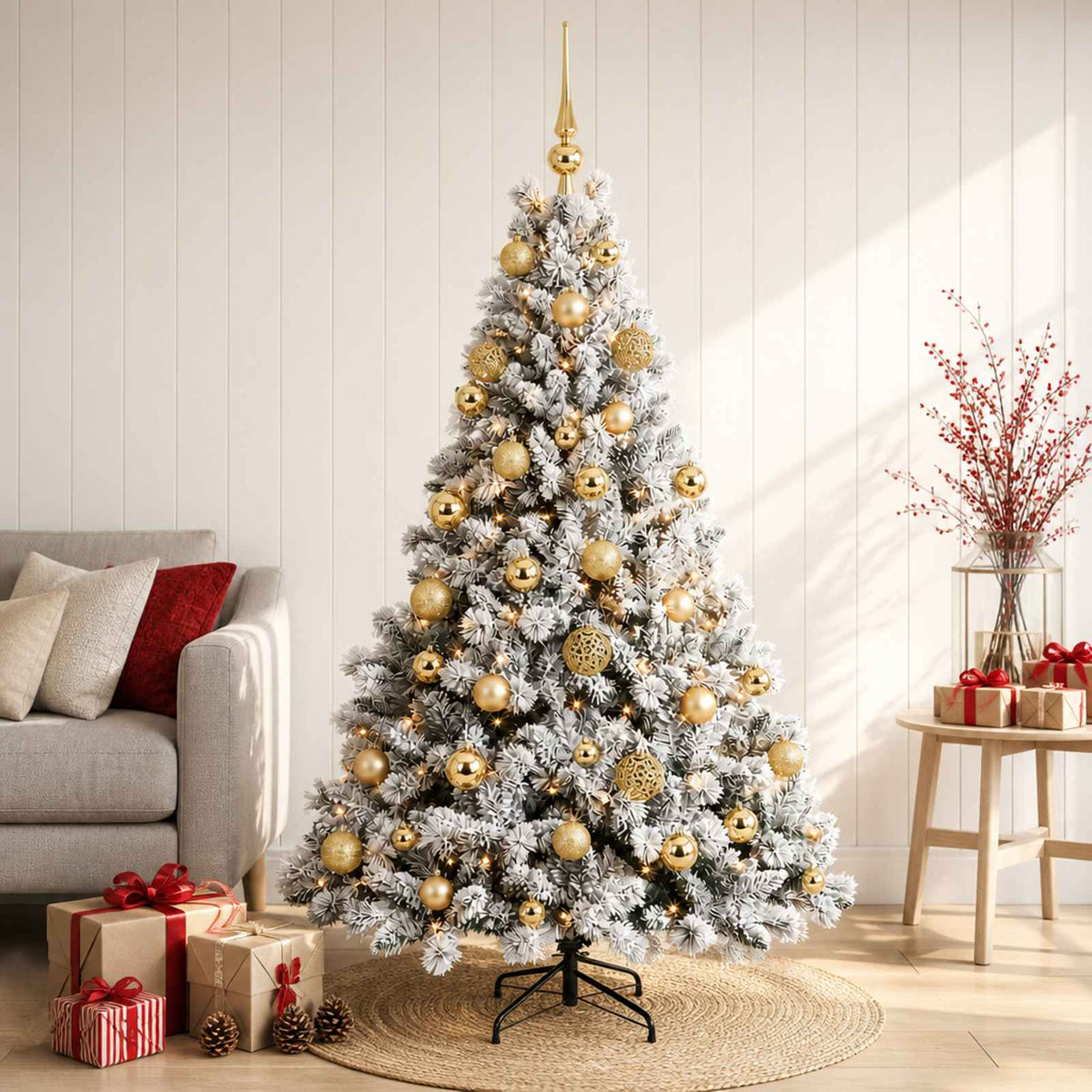 Artificial Christmas Tree with Bauble 150 LEDs Green and White with LEDs & gold balls