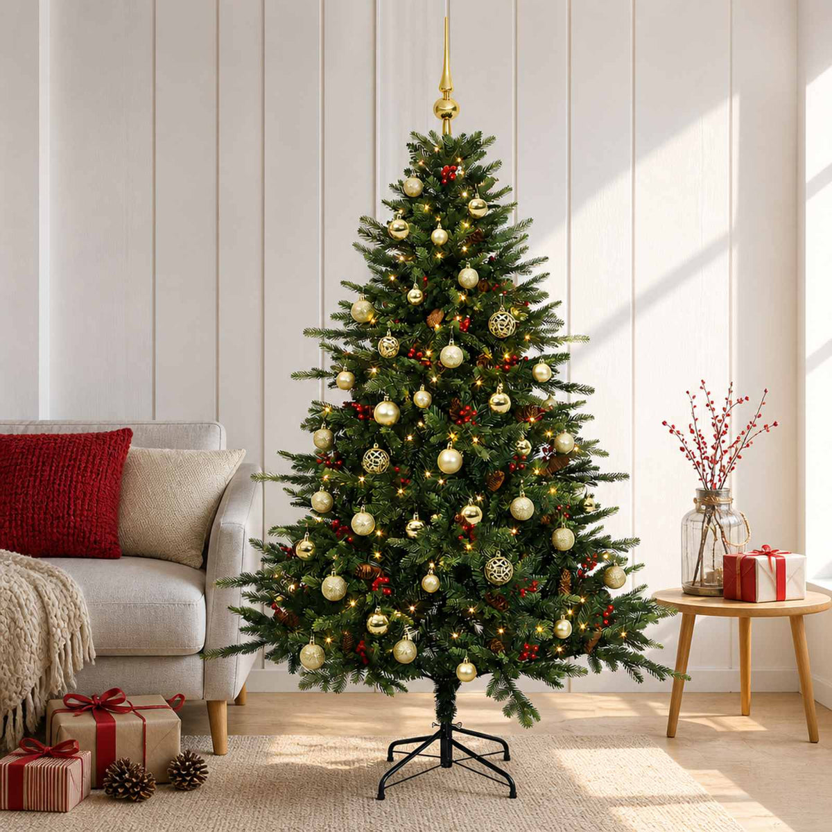 Artificial Christmas Tree with Bauble 150 LEDs Green 120 cm with LEDs & gold balls
