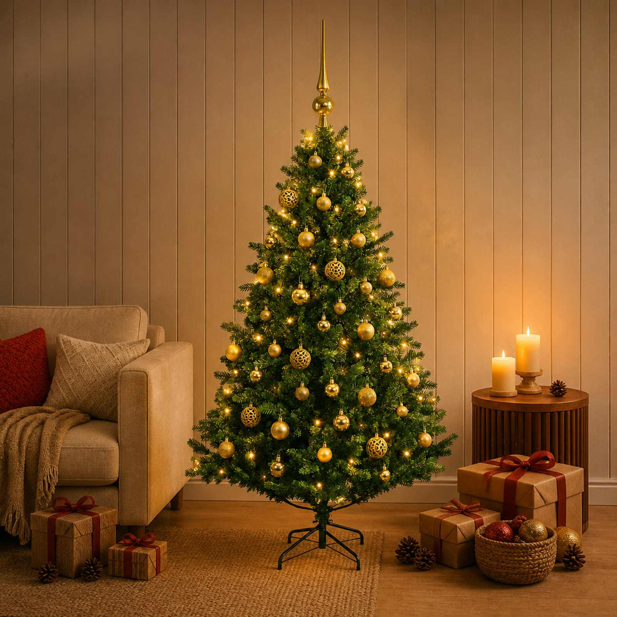Artificial Christmas Tree with Bauble 150 LEDs Green 120 cm with LEDs & gold balls