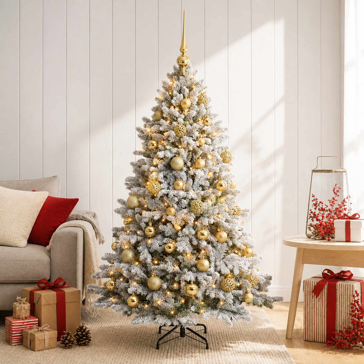 Artificial Christmas Tree with Bauble 150 LEDs Green and White 150 cm with LEDs & gold balls