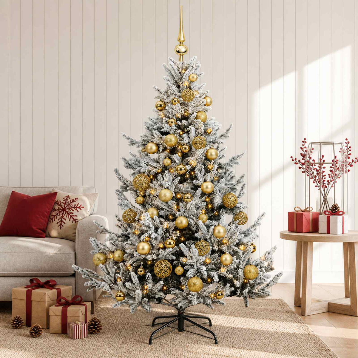 Artificial Christmas Tree with Bauble 150 LEDs Green and White 120 cm with LEDs & gold balls