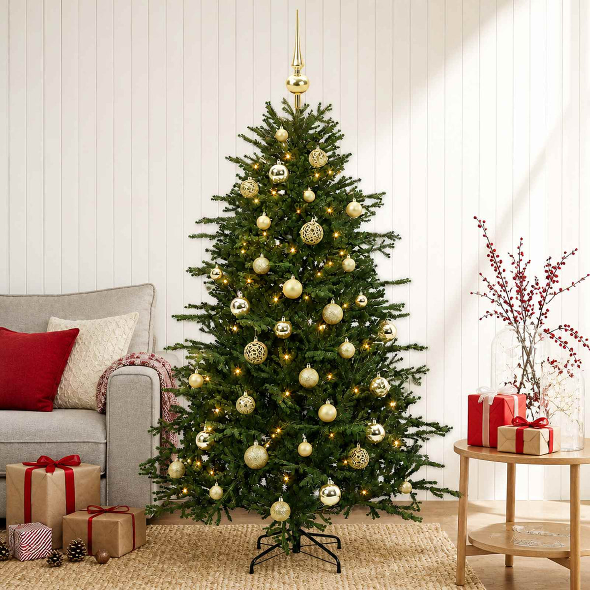 Artificial Christmas Tree with Bauble 150 LEDs 120 cm with LEDs & gold balls