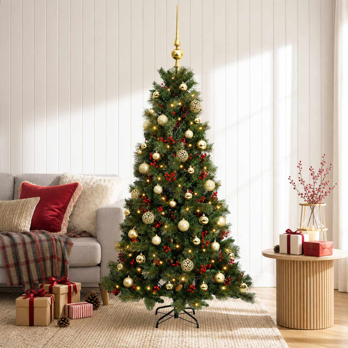 Artificial Christmas Tree with Bauble 150 LEDs 150 cm with LEDs & gold balls
