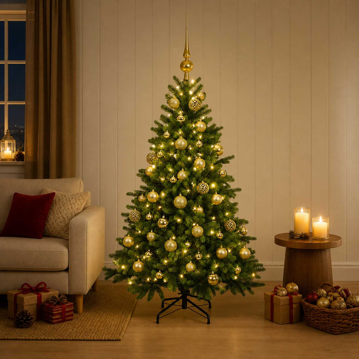 Artificial Christmas Tree with Bauble 150 LEDs 150 cm with LEDs & gold balls