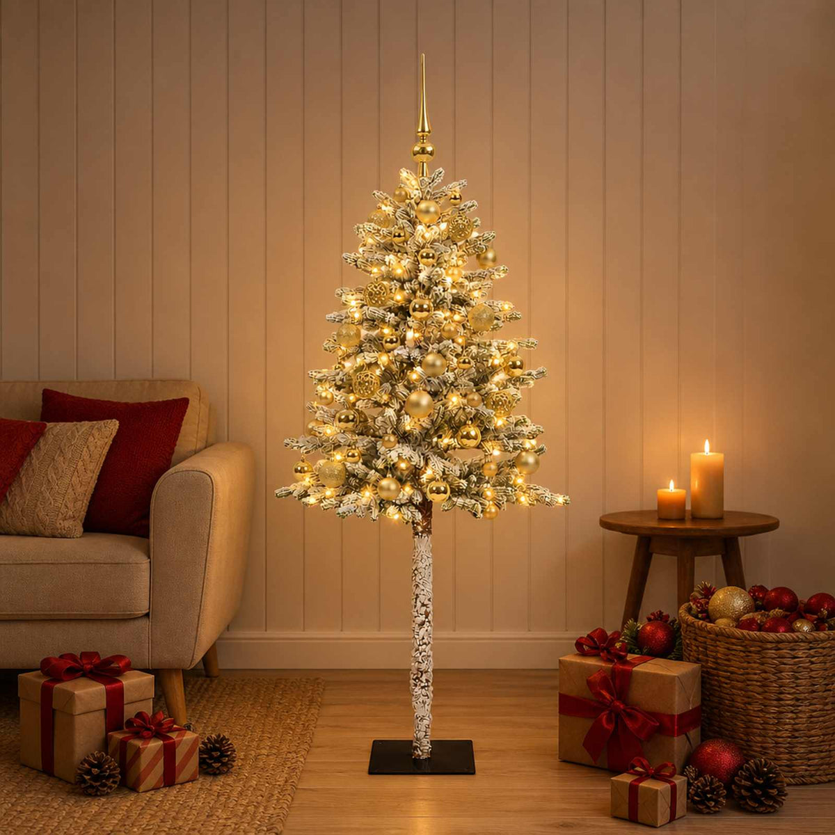 Artificial Christmas Tree with Bauble 150 LEDs Green and white 120 cm with LEDs & gold balls