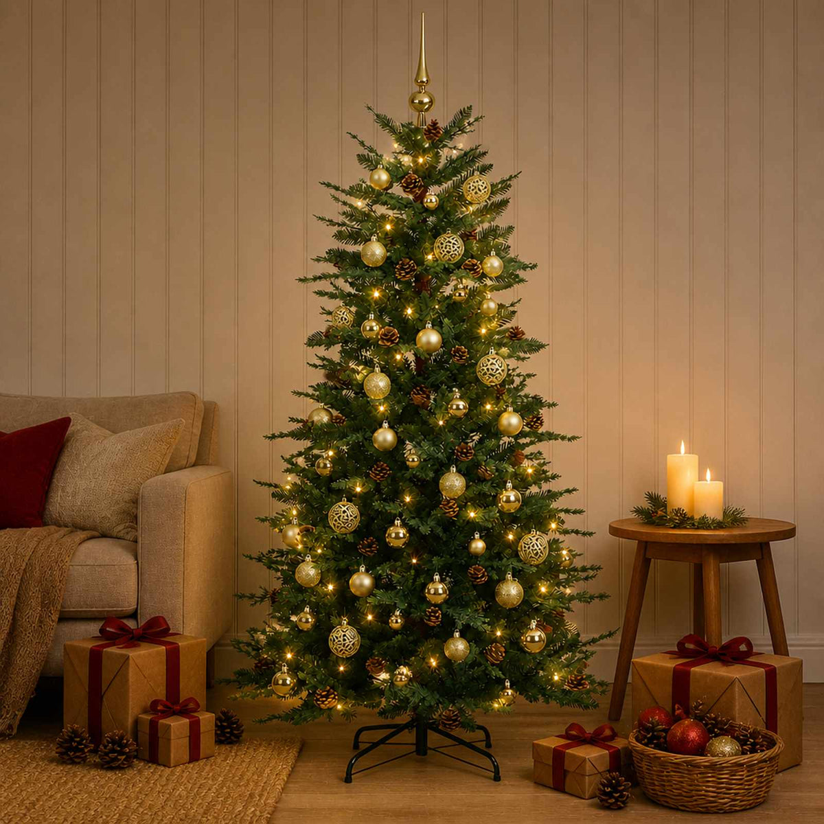 Artificial Hinged Christmas Tree 150 LEDs Warm White Green 120 cm with LEDs & gold balls