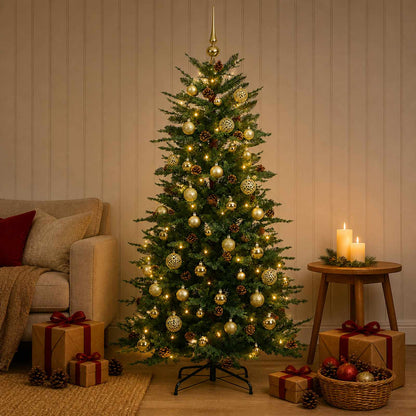 Artificial Hinged Christmas Tree 150 LEDs Warm White Green 120 cm with LEDs & gold balls
