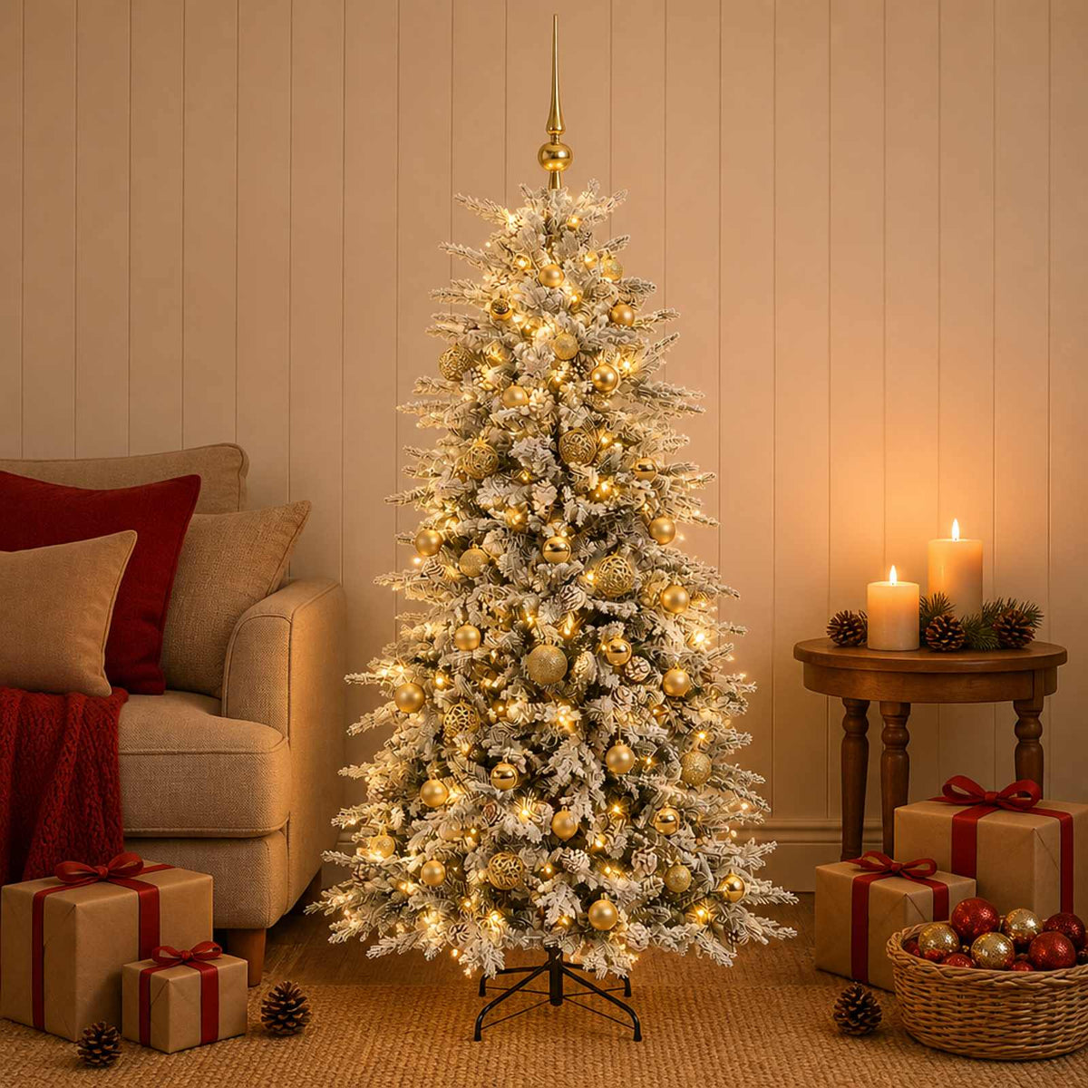 Artificial Hinged Christmas Tree 150 LEDs Warm White Green and White 120 cm with LEDs & gold balls