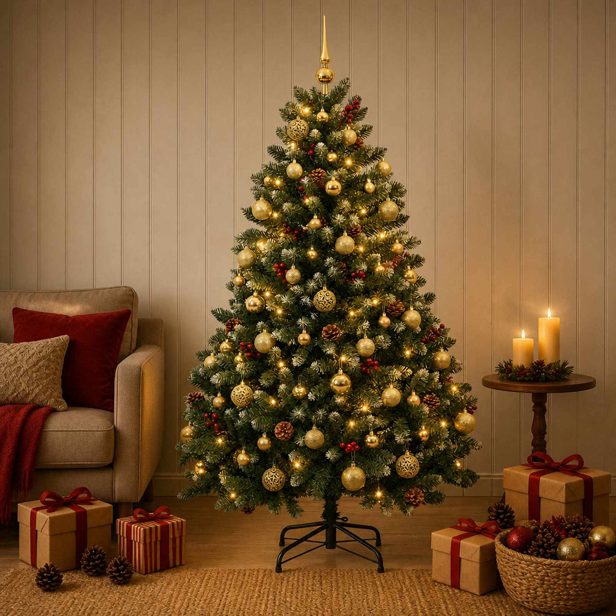 Artificial Christmas Tree Green with Bauble 150 cm 150 LEDs Green with Frosted Tips Ø 80 x 150 cm with 150 LEDs&gold balls
