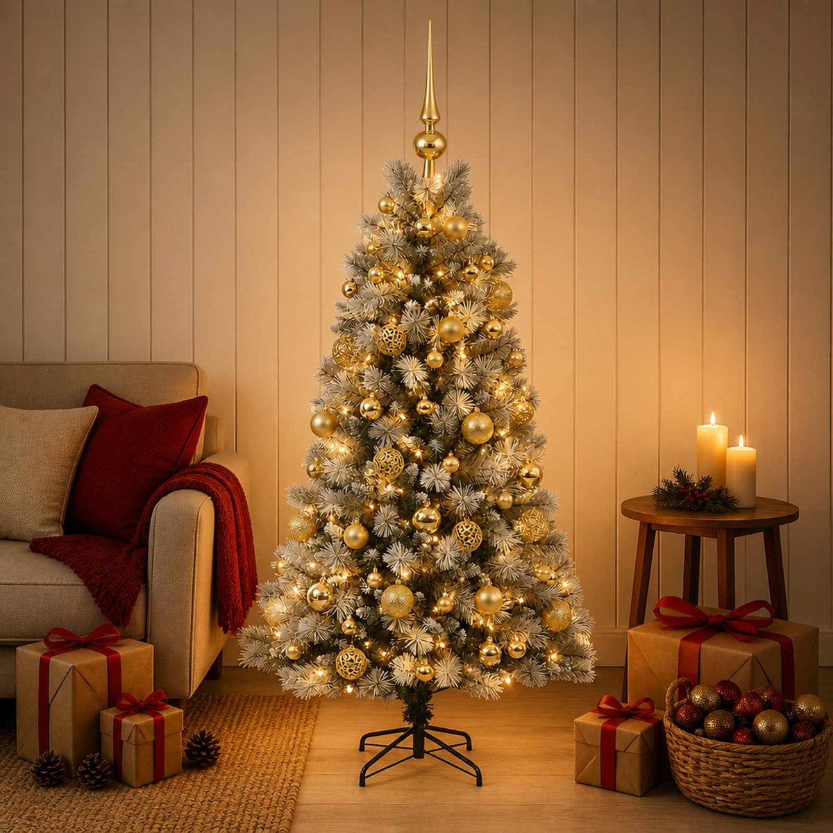vidaXL Artificial Hinged Christmas Tree with Baubles 150 LEDs