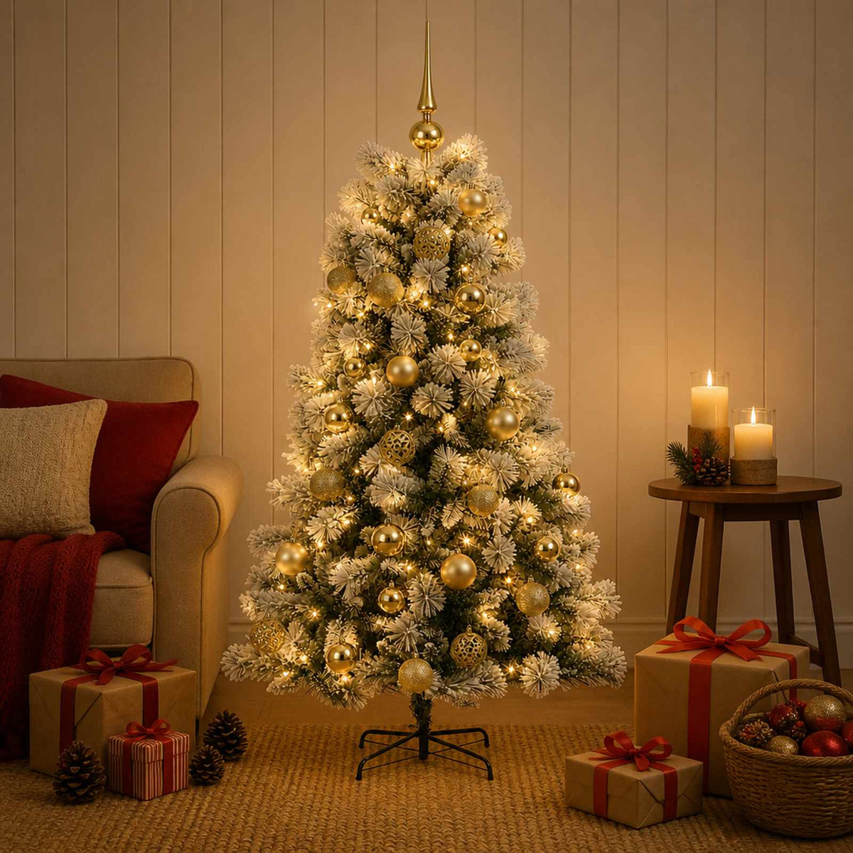 vidaXL Artificial Hinged Christmas Tree with Baubles 150 LEDs Green and white