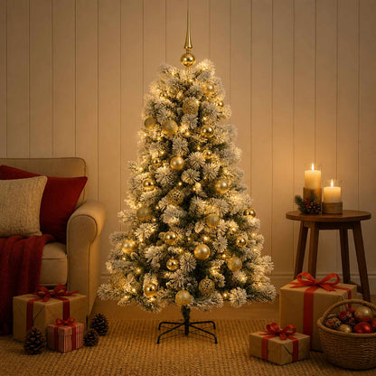 vidaXL Artificial Hinged Christmas Tree with Baubles 150 LEDs Green and white