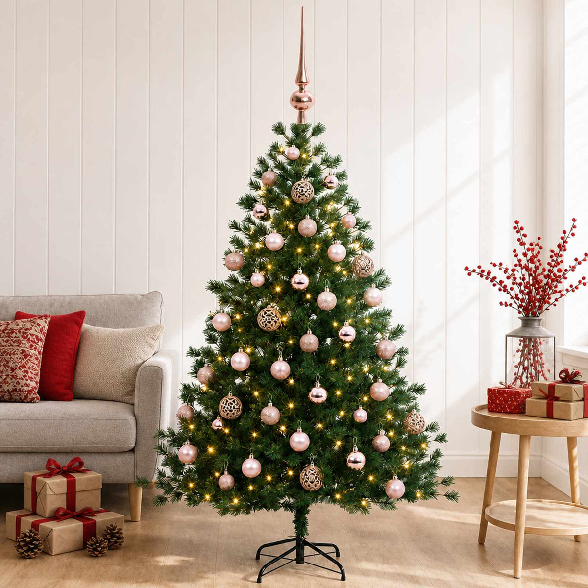 Artificial Christmas Tree with Bauble 150 LEDs with LEDs & pink balls