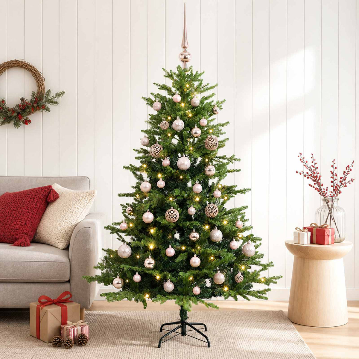 Artificial Christmas Tree with Bauble 150 LEDs Green Height 120 cm with LEDs & pink balls