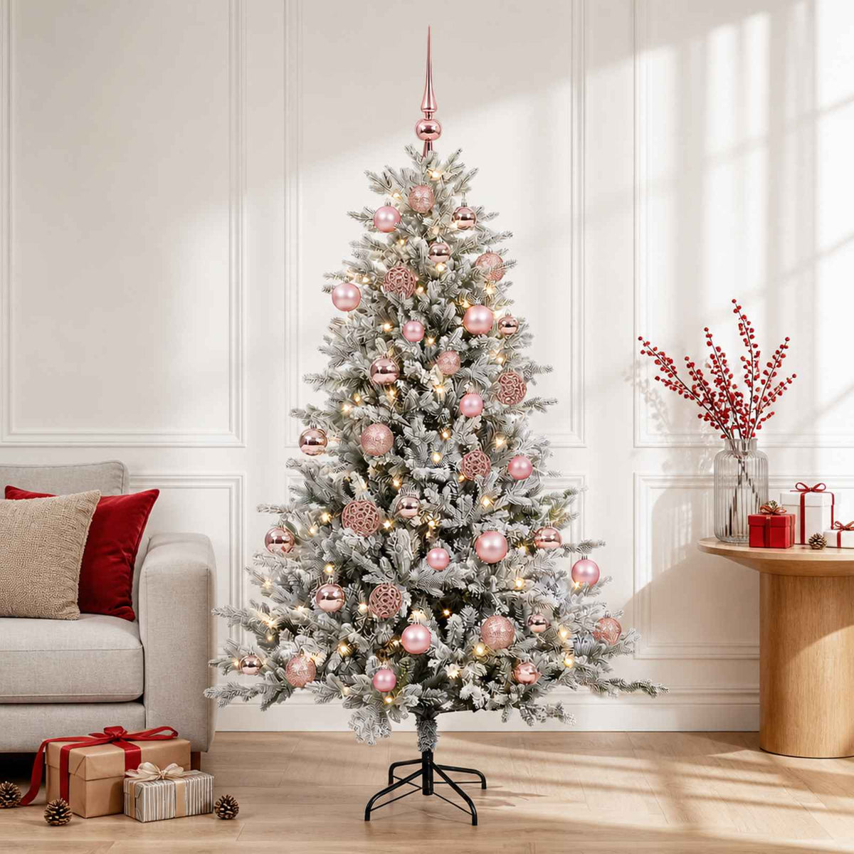 Artificial Christmas Tree with Bauble 150 LEDs Green and White 120 cm with LEDs & pink balls