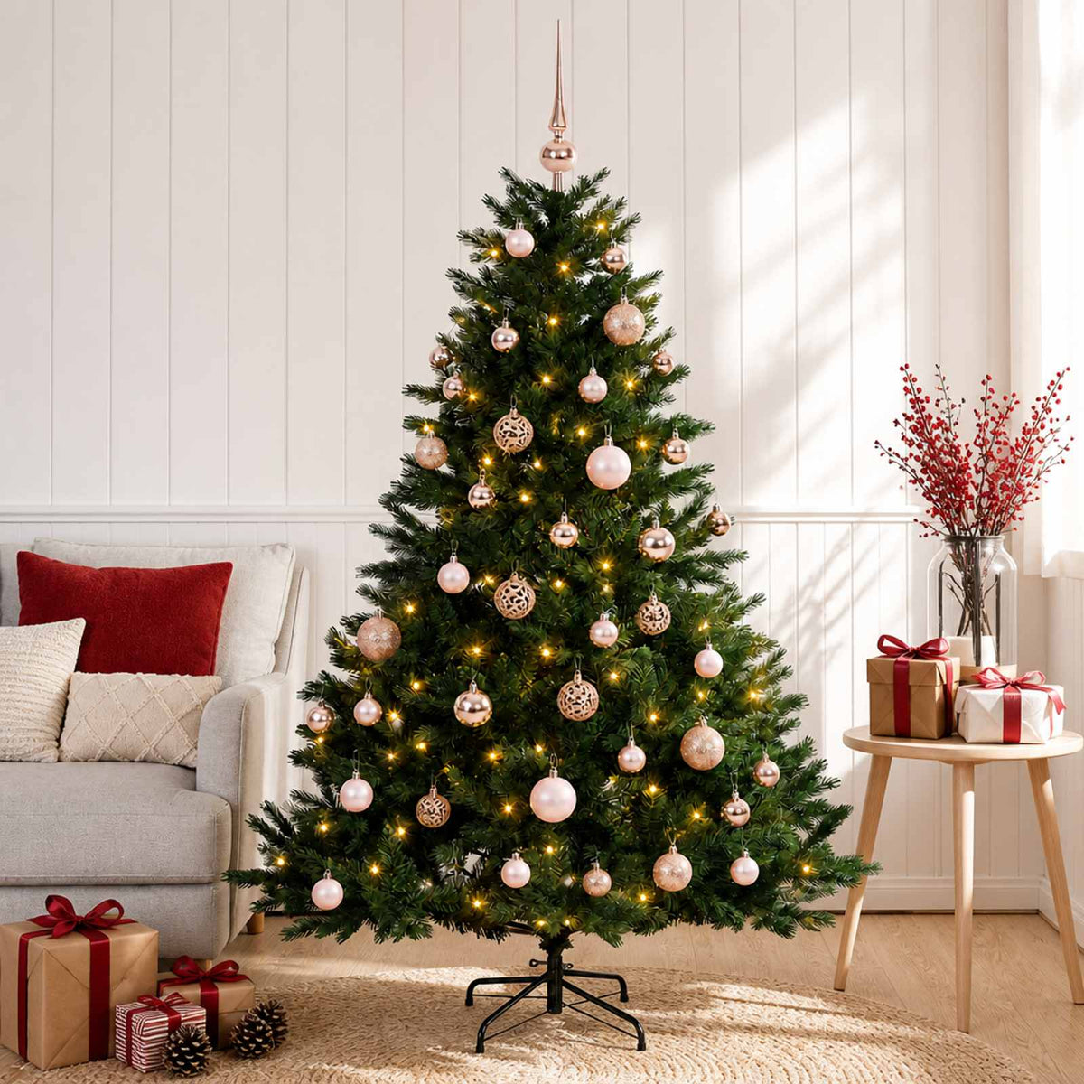 Artificial Christmas Tree with Bauble 150 LEDs Green with LEDs & pink balls