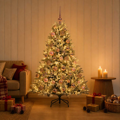 Artificial Christmas Tree with Bauble 150 LEDs Green and White with LEDs & pink balls