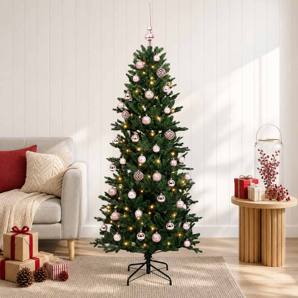 Artificial Christmas Tree with Bauble 150 LEDs Green with LEDs & pink balls
