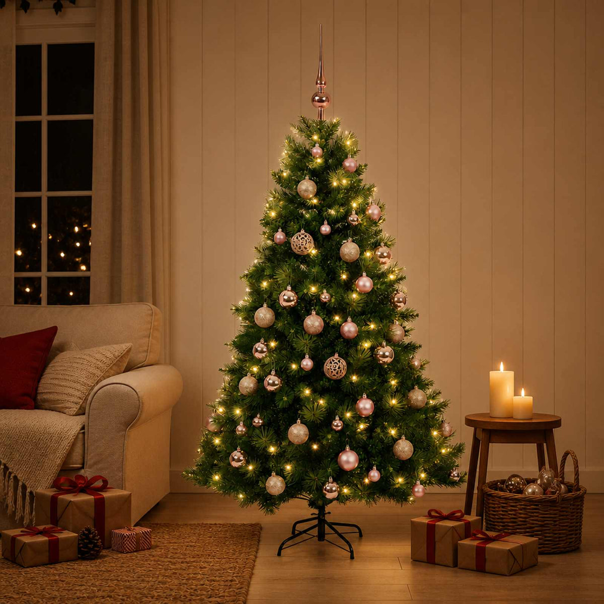 Artificial Christmas Tree with Bauble 150 LEDs Green Height 120 cm with LEDs & pink balls