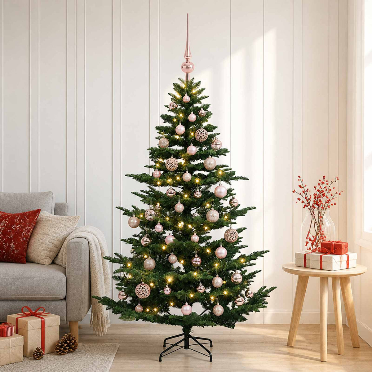 Artificial Christmas Tree with Bauble 150 LEDs Green Height 120 cm with LEDs & pink balls