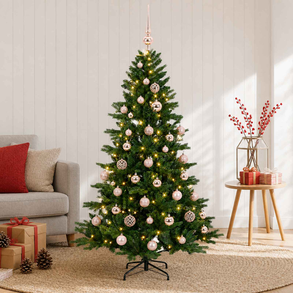Artificial Christmas Tree with Bauble 150 LEDs Height 120 cm with LEDs & pink balls