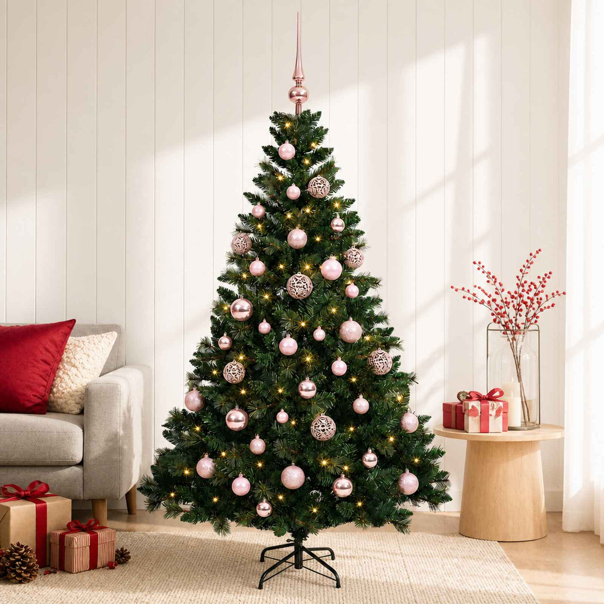 Artificial Christmas Tree with Bauble 150 LEDs Green with LEDs & pink balls